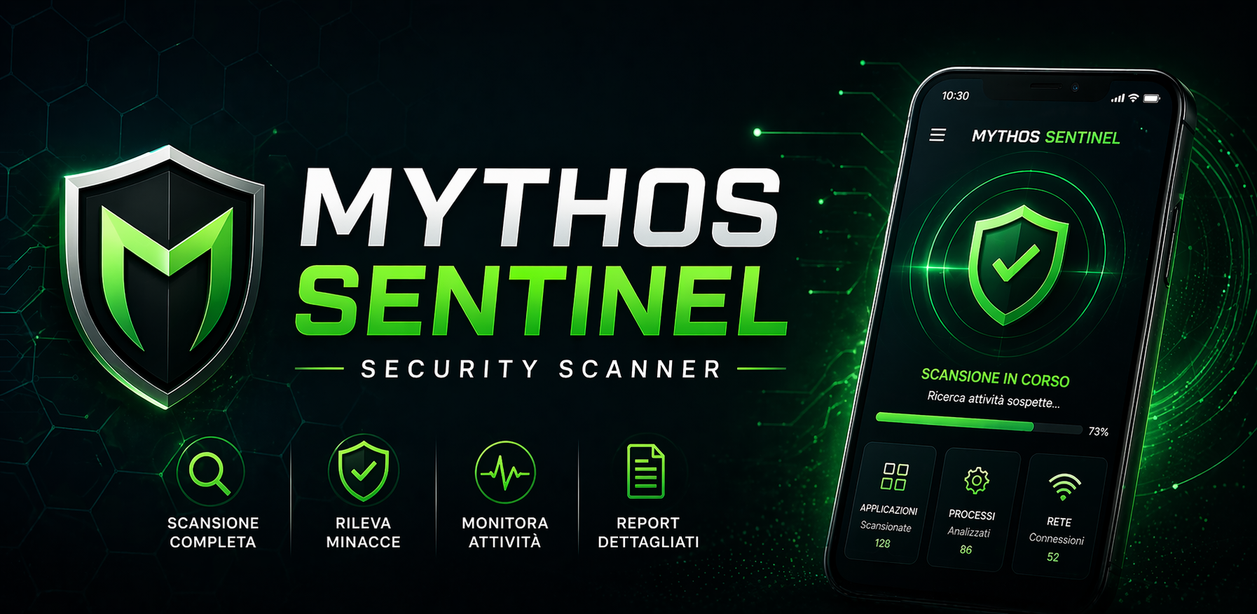 Mythos Sentinel Security Scanner con schermata app Android